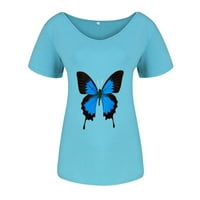 Plus veličine vrhova ženskog trendovskog ležernog ležera s V-izrezom, majica s kratkim rukavima Top Blue XXXL