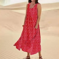 Tking Fashion Summer Plus Veličina Ležerne prilike za ispis za žene Lagane bez rukava Flowy džepovi Maxi haljine crvene s