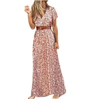 Yuwull haljine za žene ljetne haljine Ženski ljetni casual kratki rukav Boho tiskani ljetni V-izrez