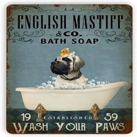 Engleski mastif za kupanje sapunica u kupaonici metalni limenki znak, operite svoje šape kupatilo Vintage