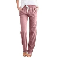 Ženske casual pantalone ravno vukodloška kanta za vune elastične hlače sa visokim strukom labave pamučne posteljine duge hlače sa džepovima