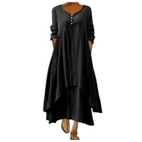 Wozhidase Haljine za žene Casual Solid haljina O-izrez dugih rukava nepravilne labave haljine crne haljine