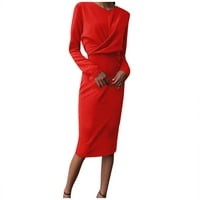 Ženski okrugli vrat Retro struk Slim Fit Slim Hip Duga suknja Zimska uska haljina crvena XL