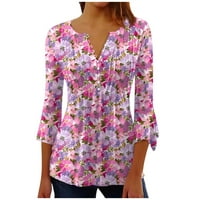 Fragarn gumb dolje majice za žene cvjetni print tunik Ljetni vrhovi Dressy Casual Bell rukava V izrez opružne bluze ljubičaste, xxxxl