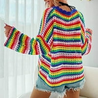 NSENDM ženske šuplje spajanje pletena džemper sa dva boja okrugla vrat prugasta duksera za djevojčice