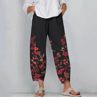 Joga hlače Capri, ženske hlače visokog struka elastične kaprione hlače široke noge obrezane hlače za žene ispis sportskih joga pamučne pantalone s džepovima crna velika