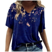 Ženski vrhovi okrugli dekolte cvjetni bluza casual ženske ljetne majice kratkih rukava tamno plava 3xl