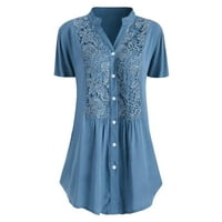 Ljetna plus bluza za žene kratkih rukava V Vrući izrez Solid boja čipke T majice Casual gumba Tunic