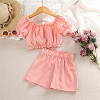 Devojke Set outfit Podešava ruffle kratki rukav i kratke hlače postavljaju ljetne ružičaste odjeće