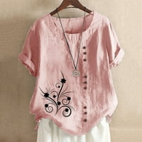 Lady Workout Tops O-izrez otisnute labave gumbi plus veličina ljetna košulja za čišćenje za žene ružičasta 16