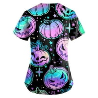Halloween Majice za žene Ženske žene Modni ženski Halloween Ispis kratkih rukava V-izrez V-izrez Vrhovi radne džepove bluza svijetlo ljubičasta 5xl