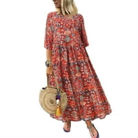 Stabilne ljetne haljine za žene Dame Ljeto Plaža Ležerne prilike Retro Etnička cvjetna duga haljina Srednja rukava Okrugla haljina za okruglog vrata, XL