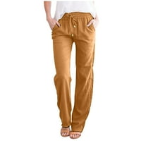 Oieyuz ženske pamučne posteljine ravno hlače meke hlače za crtanje sa džepom čvrste boje hlače pune dužine