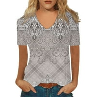 Ženska majica kratkih rukava od ispisana V-izrez imitacija pamuka Top Grey XXXL