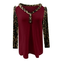 Ponude Žene s dugim rukavima V-izrez salon leopard gumba za spajanje tiskani majica, Burgundija