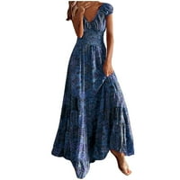 Haljina za žene modni šifon ljetni casual print v-izrez kratki rukav duga haljina plava 8