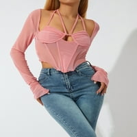 Ženska mreža za rezanje dugih rukava Seksi izdubljeni korzet košulje Top Slimv vrat Vidi Kroz Mreža Summer Streetwear