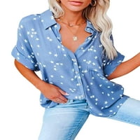 Glonme Dame vrhovi majica kratkih rukava s majicama dolje bluza na plaži udobna tunika košulja elegantna rever izrez plava 3xl
