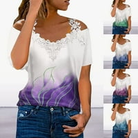 Ženski V izrez čipke za patchwork vrhove kratkih rukava majica tiskana majica Tunic TOP S-3XL