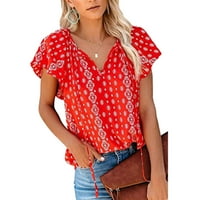 Scyoekwg Ženski kratki rukav Ljetni trendy cvjetni ispisani grafički grafički tee Comfy meke košulje vrhovi V-izrez bluza s kratkim rukavima majice lagani casual crveni l
