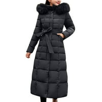 IOPQO ženski kaputi kaput Ženska solidna boja dugačka kapuljača čipkana vunena ovratnik pamučna jakna džep dugi rukav kaput puffer jakna ženska crna m
