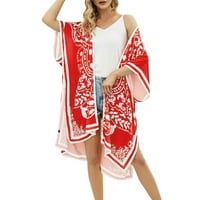 Summer Cardigan džemperi za žene cvjetni print Primorsko prisiljeno kardigan s kratkim rukavima Odštampano pom Kimono bluza Srednja duljina kardigan crvena jedna veličina