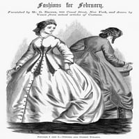 Ženska moda, 1865. Ndinner, lijevo i ulične toalete. Modna ilustracija iz američkog časopisa iz 1865.