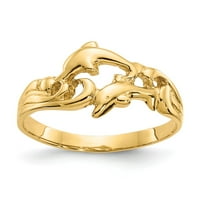 14K žuti zlatni prsten za prsten tema sa dvostrukim delfinima sa valovima, veličine 9