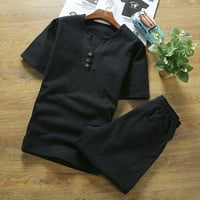 Crno odijelo muška pamučna posteljina set pune boje majica s kratkim rukavima Velike veličine casual