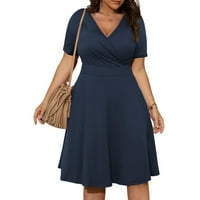 Ljetne haljine za žene Čvrsti V-izrez A-line dužine koljena modna haljina kratkih rukava tamno plava