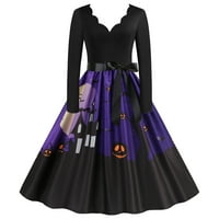 Žene Halloween Print Ruffle V izrez Elegantne haljine Bowknot Tunic A-line Flare Party haljina Swing