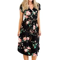 Haljine za žene plus veličine ženski V-izrez A-line kratkih rukava srednje duljine cvjetne ljetne a-line vruće prodajne haljine crne l