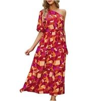 Ženska elegantna tanka fit comfy maxi haljina za čišćenje Ljeto puflo rukave jedna ramena haljina na plaži na plaži Trendi cvjetni tiskani crveni xl