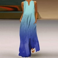 Ženske ljetne haljine Žene Ljeto Vintage Gradient Haljina bez rukava V izrez Maxi Haljina Elegantna plaža Duge haljine za žene Blue XXL
