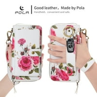 -Lion za iPhone Plus Plus Futrola novčanika, utora za cvjetne kože utora za zatvaraču RFID blokiranje torbice za žene djevojke s ručnim konopom na ručnom pojasu, bijela
