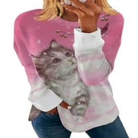 Voguele Ladies T majica Cat Print majica Dugi rukav Tee Rad Tunic Bluse Casual Pulover Pink S
