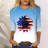 Odeerbi 4. jula Patriotska košulja za trake za žene šivanje kontrastne boje tri četvrtina rukava bluza moda casual okrugla vrata majica plave boje