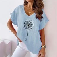 GUZOM T majice za žene - tiskane vintage casual vrhove udobna bluza v izrez kratki rukav majice Sky Blue XXL