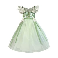 Rovga casual haljine za djevojke ljetne zelene leteće rukave slatka cvjetna crtana vez mrežavica šiva