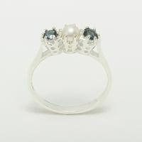 14k bijeli zlatni kultivirani Pearl & London Blue Topaz ženski prsten - veličine 7.75