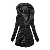 LANHUI Ženska zimska kapuljača topla i baršunasta pamučna jakna Srednja duljina kaput crna quild jakna
