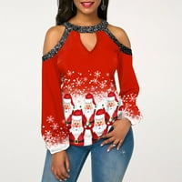 Pnellth sjajna ramena izdubljena žena bluza zlatno božićno drvo ispis pulover bluza