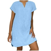 Ženske pamučne posteljine čvrste haljine Crewneck Thirt Haljine s kratkim rukavima Soft prozračna haljina plus veličina haljina svijetlo plava xxxl