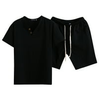 Labakihah odijela za muškarce muške ljetne čvrste boje pamučne kratke hlače od kratkih rukava postavljaju dvodijelno odijelo crno