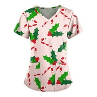 HHEI_K Ljetni vrhovi za žene ženski božićni zabavni-tisak kratki rukav V izrez Top košulja za džep, majica