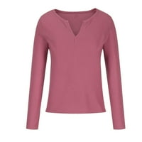 Dugi rukav plus veličine vrhova opruge odjeća za žene modne košulje u boji u boji V-izrez pad duksera Trendi pulover vino m