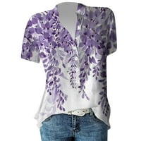 Bazyrey ženski kratki rukav ženski Henley grafički otisci bluza casual gumb-majica Purple 3xl