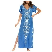 Ljetne haljine za žene Žene Haljine za odmor na plaži Floral tiskane maxi haljine Boho haljine džepovi Tunički pokloni na klirensu plavi 2xl