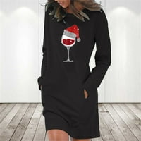 Ženska casual puna boja dugih rukava okrugla džepna haljina za okrugle vrat Sretan božićni crni xl