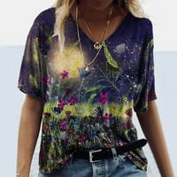 Ženski ljetni vrhovi Casual V izrez Majica kratkih rukava Vintage Print Bluze za žene Purple M